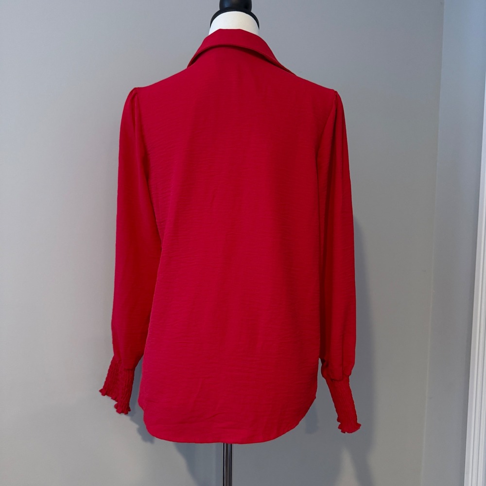 Red Jolie & Joy Blouse, Collared V Neck, Long Bishop Sleeves, Women's Size S - Picture 3 of 10